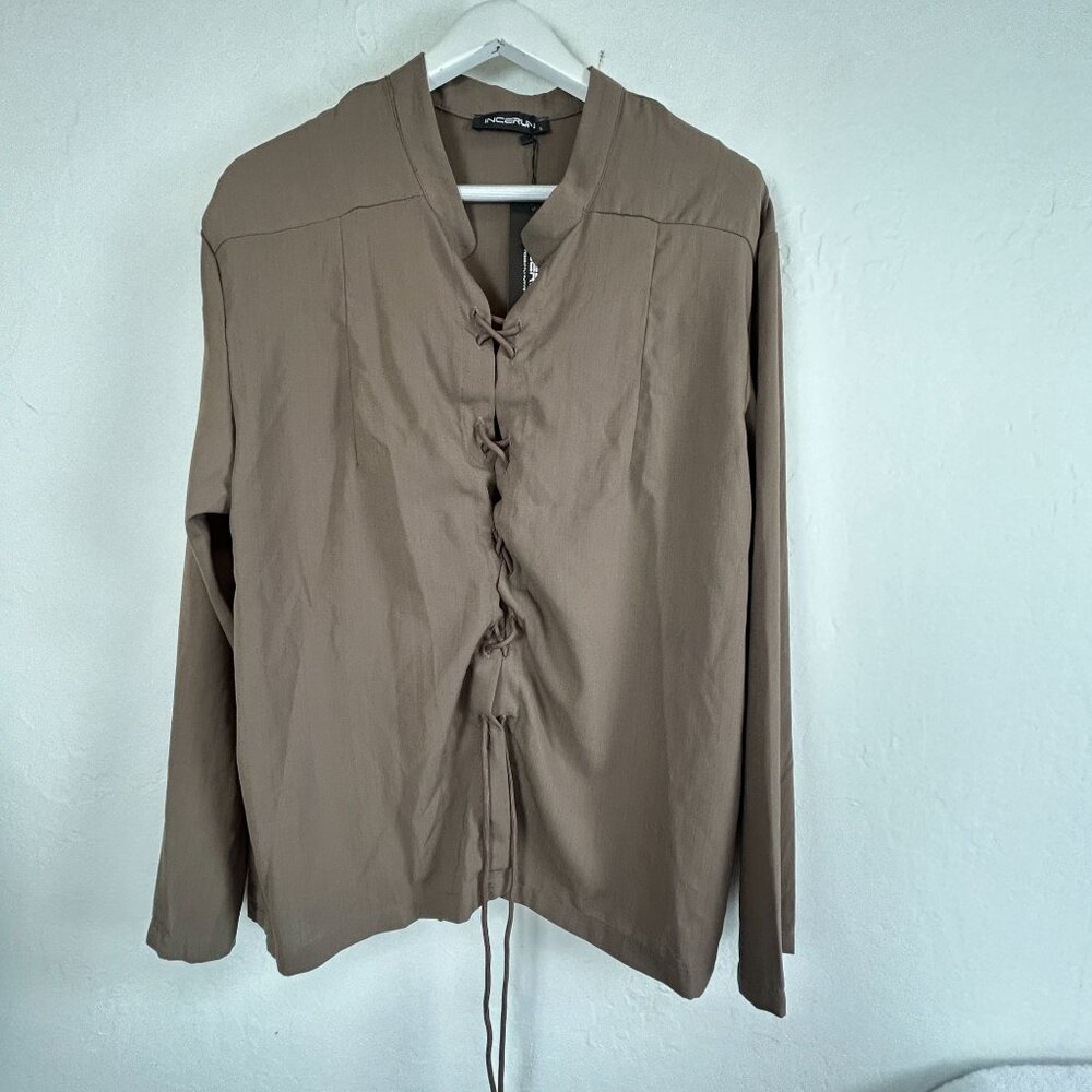 INCERUN Mens Fashion Lace Up Design Shirt Large Brown Long Sleeve Casual New